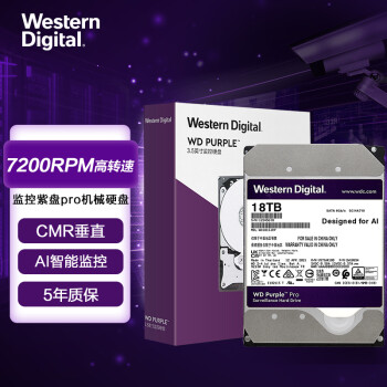 西部数据(Western Digital)紫盘Pro 18TB SATA6Gb/s 7200转512M 监控硬盘(WD181EJRP)