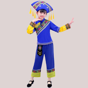儿童少数民族服装广西壮族三月三男女童表演服饰舞蹈演出服饰 宝蓝色