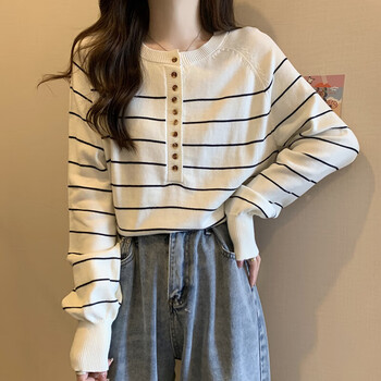 简丹诺初中生长袖t恤条纹女生大号码秋季穿的显瘦宽松针织打底衫遮肚