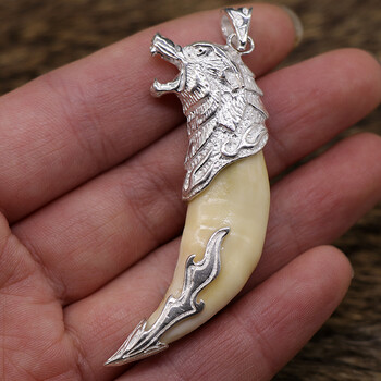 老凤祥款式包银狼牙男士项链真牙藏獒牙吊坠纯银牙套黑狗牙原创设计