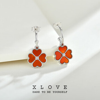 xlovex幸运四叶草耳坠女玫瑰红色