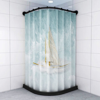 卡汐沐浴室浴帘浴帘套装免打孔卫生间浴帘杆弧形型可伸缩浴室磁性挡水