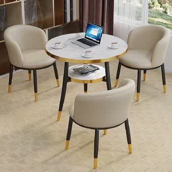 小桌子办公室谈判商务小会议桌奶茶店网红桌椅一桌三椅金米色皮椅80cm