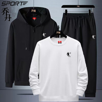 中国乔丹休闲运动服男士春秋冬季开衫圆领外套中青年连帽卫衣三件套装