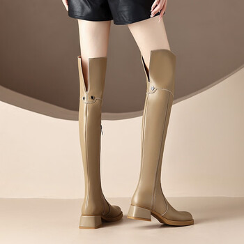 yinfan全皮靴子女显瘦过膝靴真牛皮中高筒骑士靴秋冬季加绒长筒靴女靴