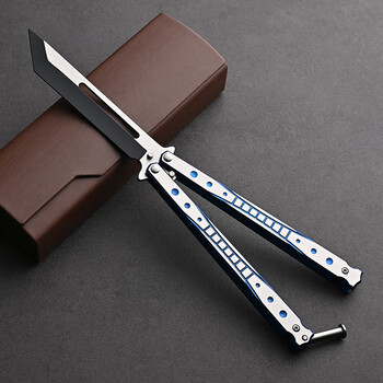蝴蝶刀csgo未开刃 不锈钢折叠刀玩具练习全钢花式训练刀 蓝格方头