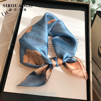 希劳艾格sirouaogo蓝色印花真丝丝巾女夏季新款小方巾桑蚕丝围巾丝绸