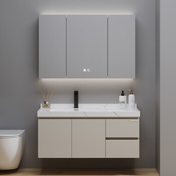 九牧奶油风岩板陶瓷无缝盆浴室柜组合卫生间卫浴实木洗手洗脸台盆柜