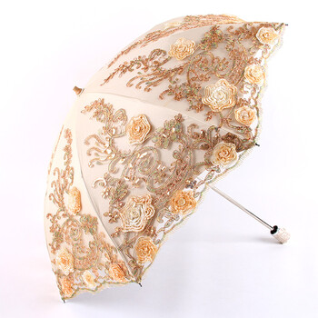 公主洋伞新防晒黑胶遮阳伞蕾丝刺绣太阳伞公主伞晴雨伞女洋伞海棠黄二