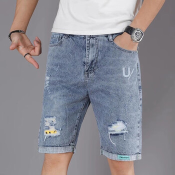 纯以纯男牛仔短裤男夏季薄款五分宽松直筒韩版潮流男士休闲破洞5分中