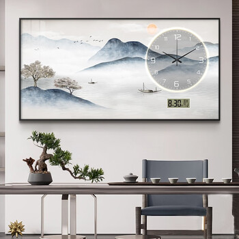 轻銮万年历钟表挂钟 简约电子钟挂墙客厅风景山水画时钟餐厅时钟挂画