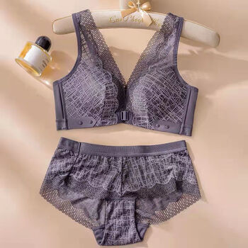 文胸大码前扣式内衣女小胸聚拢收副乳防下垂无钢圈性感美背文胸套装灰