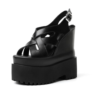 艾其乐园鱼嘴坡跟凉鞋女16cm超高跟恨天高时装走秀小个子内增高厚底