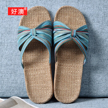 好澳新款亚麻拖鞋女夏室内居家木地板防滑蝴蝶结可爱女士凉拖鞋麻ymw