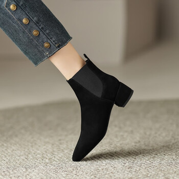 鞋靴>时尚女鞋>踝靴>谛豪诺>谛豪诺牛翻皮尖头切尔西靴女秋冬新款欧美