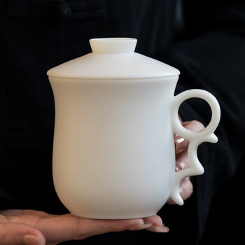 家用茶道杯单个泡茶办公杯带盖喝茶水杯素烧羊脂玉瓷龙吟办公杯礼盒装