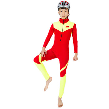 尔汝交errujiao速滑服大道速滑服儿童轮滑长袖连体服短道速滑运红黄色