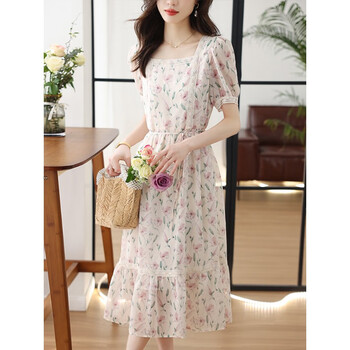 夏天初恋碎花裙法式方领花边仙女裙气质收腰小清新田园中长裙米白色s