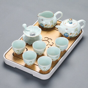 功夫茶艺盖碗茶道茶壶喝茶杯现代瓷套装家用办公整套描金陶瓷茶具 青