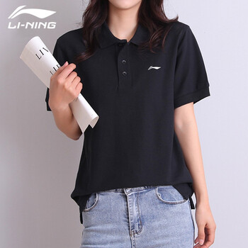 李宁短袖女夏季新款t恤休闲宽松polo衫运动纯色套头上衣黑色s