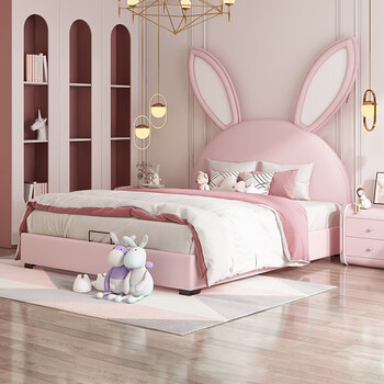 名迪菲 儿童床真皮实木女孩公主单人床网红少女粉色兔子床 【国产软面
