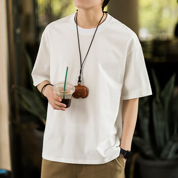 woodsoon短袖t恤男纯棉宽松圆领体恤衫夏季男士重磅薄款运动象牙白m