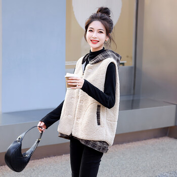 繁安带帽羊羔毛马甲女款加厚棉女士羊羔毛皮毛一体马甲女上衣2023年米