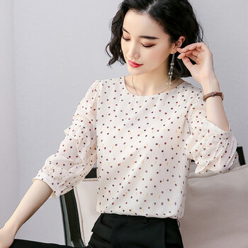 波点衬衫女中袖雪纺衬衫女装夏装真丝衬衣小立领上衣宽松灯笼袖小衫