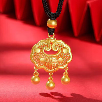 款式足金999平安锁项链女编织黄金长命锁包转运珠送女 金锁 金珠黑绳