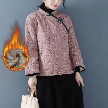 稼昀中国风唐装复古的棉衣女中式盘扣夹棉茶服秋冬民族风碎花外套粉色