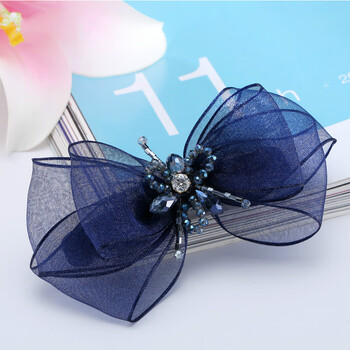 御弗韩国弹簧夹发夹简约布艺蝴蝶结韩版水钻头饰品发饰头花顶夹藏青