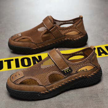 新装上市】手工男鞋网面透气休闲鞋男夏季沙滩鞋凉鞋 棕色-限量款 38
