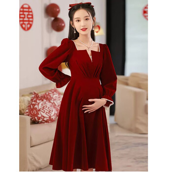 妙夕漫孕妇敬酒服新娘遮肚子秋冬季酒红色结婚订婚礼服裙长袖酒红色xx