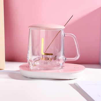 燃野55度恒温暖暖玻璃杯带盖带勺带杯垫粉色1套装