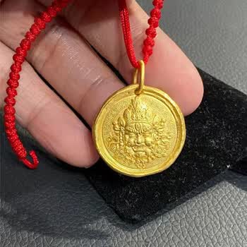 众润古法黄金财神吊坠999足金男女款金黄财神国潮圆牌项链挂坠送礼物