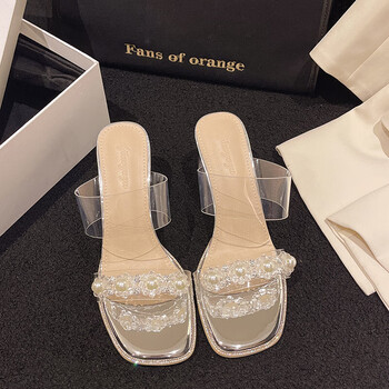 高跟拖鞋女夏外穿2023新款珍珠小香风透明一字带粗跟水晶凉鞋银色36