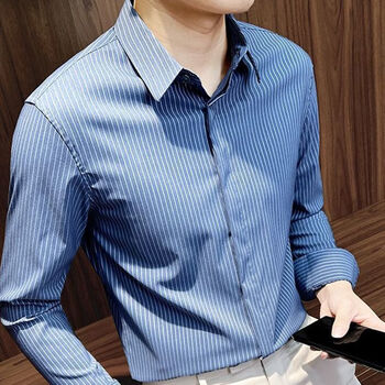 木头牛免烫皱衬衫男二更时尚发型师条纹士商务高端百搭长袖轻熟风气质