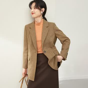 尚都比拉秋冬季加厚腰带西装毛呢外套女气质女装上衣114d38725茶棕色s