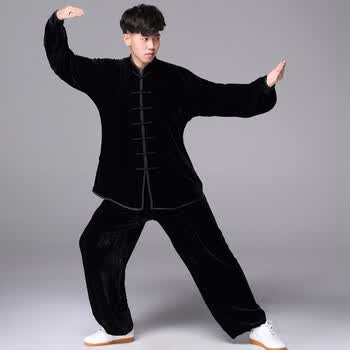 冬季太极服金丝绒中年女加厚男秋冬中老年练功服中式武术中国风 黑黑