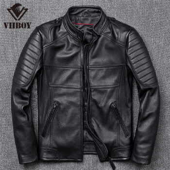 VIIBOY2023新款机车赛车服真皮皮衣头层纯牛皮男式立领摩托车骑行皮夹克 黑色 5XL 码（200斤-215斤）