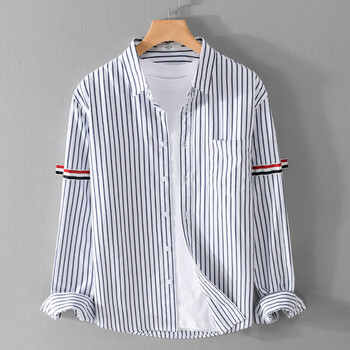 春秋季拼色条纹长袖棉布衬衫休闲百搭帅气潮男流行青年棉质衬衣撞色