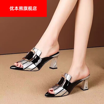 优本熊女士凉鞋夏季新款一字拖粗跟外出拖鞋百搭网红高跟女装凉拖鞋