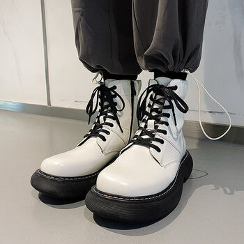 年新款高帮休闲男鞋百搭白色春秋冬季马丁靴子ins潮鞋内增高h6217白色