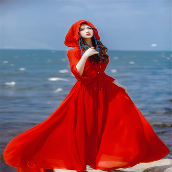 度假旅游大摆连帽长裙青海茶卡盐湖红色连衣裙沙漠拍照红裙子红色s