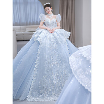 伊颜纯婚纱新娘主纱蓝色婚纱礼服2023新娘轻奢小众高端在逃公主质感