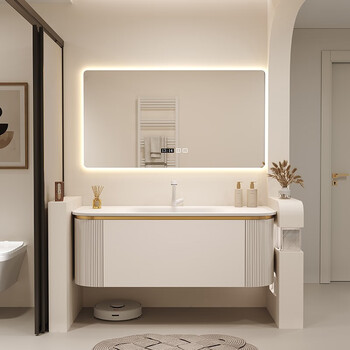 凸凸卫浴北欧可丽耐肤感一体盆浴室柜组弧形条纹橡木洗脸洗手盆定制