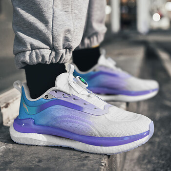 旋转纽扣夏季男鞋透气薄款无鞋带初中生跑步运动鞋爆米花软底减震 蓝