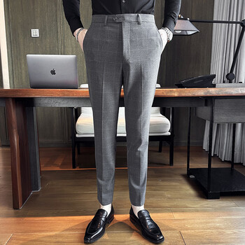 雅弋尔格子西裤男秋冬款感休闲长裤英伦风雅痞男装修身西装裤中灰色28