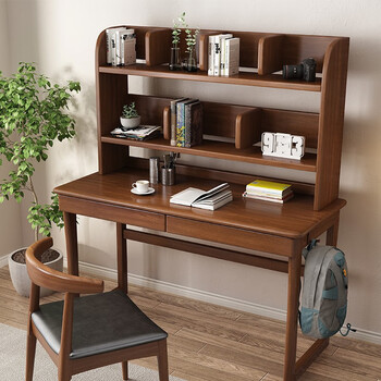物植实木北欧书桌书架组合书房写字台家用学生书柜一体卧室台式电脑桌