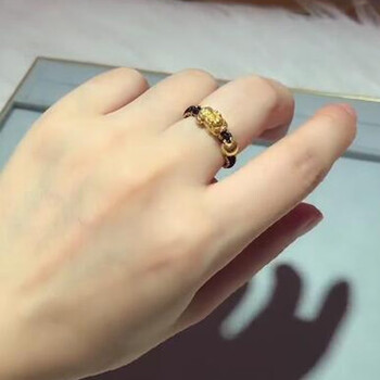 温芳足金貔貅宝宝黄金戒指女转运珠小金珠本命年红绳金戒指男女款情